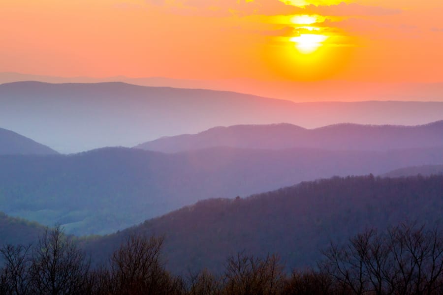 Sunset in Shenandoah National Park, Virginia, looking toward the Allegheny mountain range